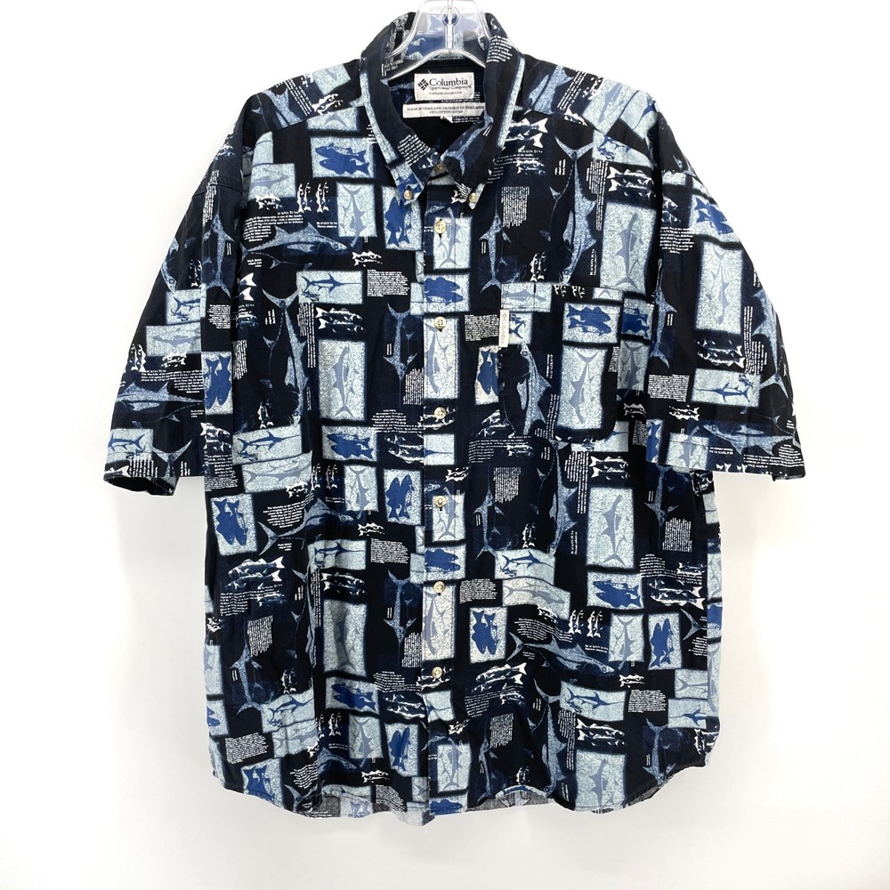 Columbia Sportswear Mens XL Blue Fish Print Cotton Short Sleeve Camp Shirt